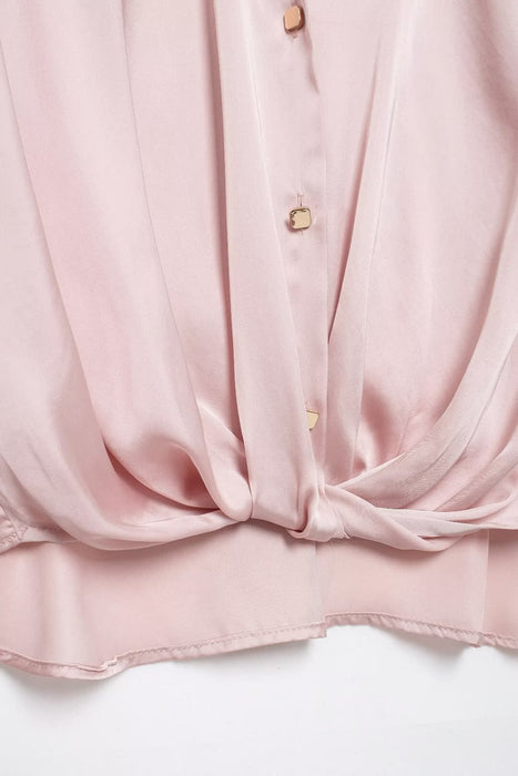 Autumn Women Clothing Pink Long Sleeve Bow Tie Silk Satin Texture Loose Shirt