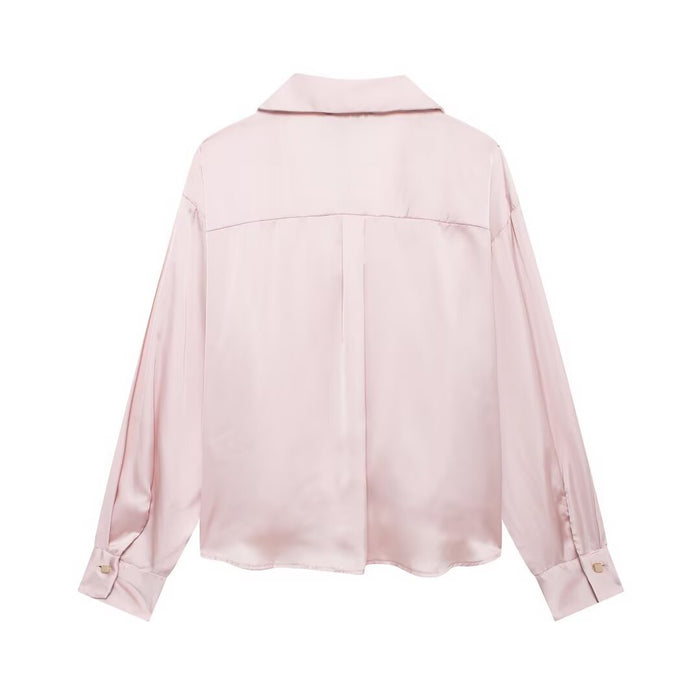 Autumn Women Clothing Pink Long Sleeve Bow Tie Silk Satin Texture Loose Shirt