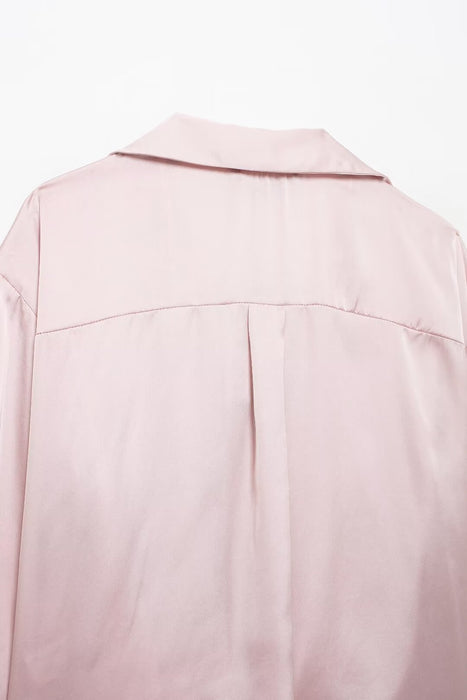 Autumn Women Clothing Pink Long Sleeve Bow Tie Silk Satin Texture Loose Shirt