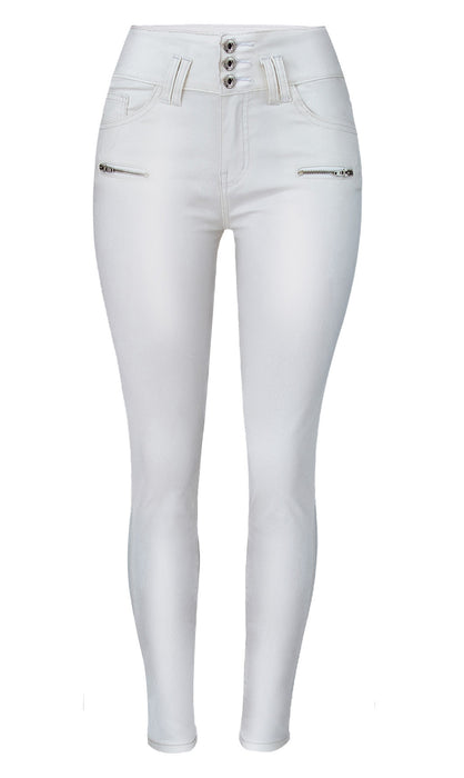 Women High Waist Button Slim Fit Faux Leather Pants Denim Skinny Pants Faux Leather White