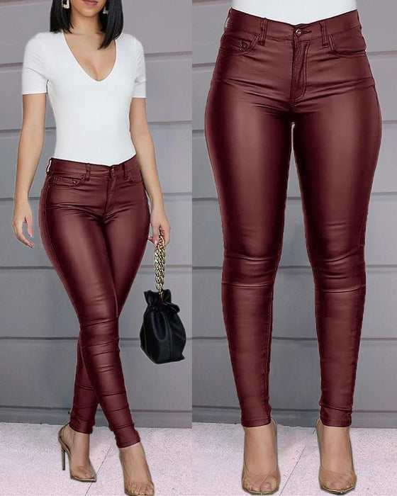 Autumn Winter New Wish Popular Solid Color Faux Leather Pants Casual Sexy Skinny Pants Women Trousers