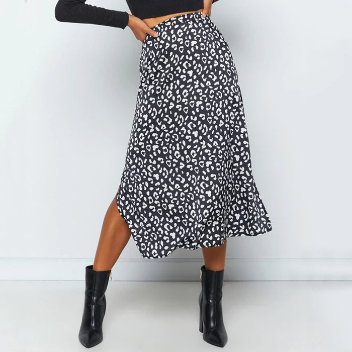 Spring Summer Women Clothing Leopard Print Chiffon Floral Print Slit Skirt Sexy Zipper High Waist Midi Skirt