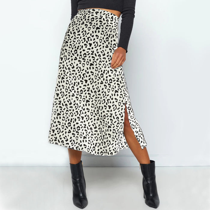 Spring Summer Women Clothing Leopard Print Chiffon Floral Print Slit Skirt Sexy Zipper High Waist Midi Skirt