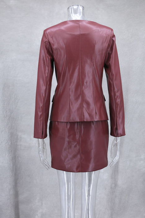 Autumn Winter Waist Slimming Biker Leather Jacket Mid Length Skirt Set