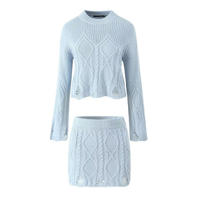 Autumn Winter Small round Neck Long Sleeve Solid Color Cable Knit Sweater Knitwear High Waist Hip Skirt Set Ripped