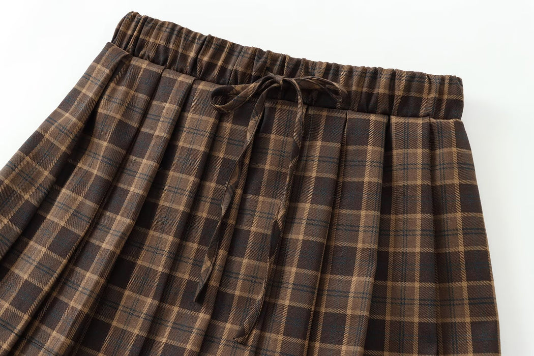 Women French All Match Plaid Wide Pleated Mini Skirt