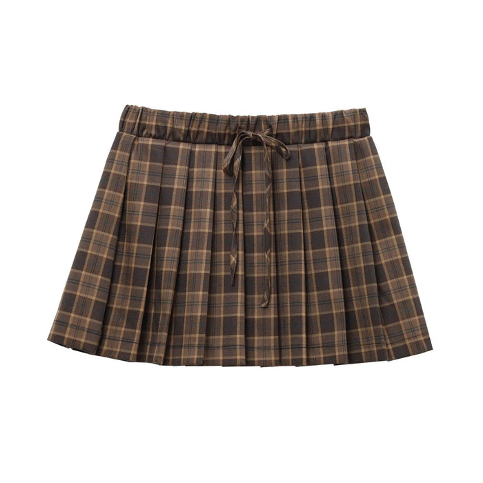 Women French All Match Plaid Wide Pleated Mini Skirt