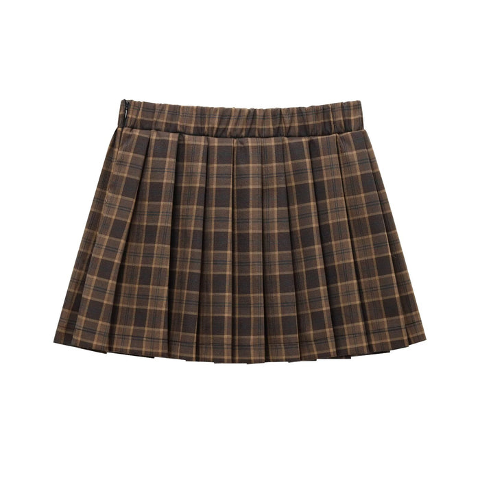 Women French All Match Plaid Wide Pleated Mini Skirt