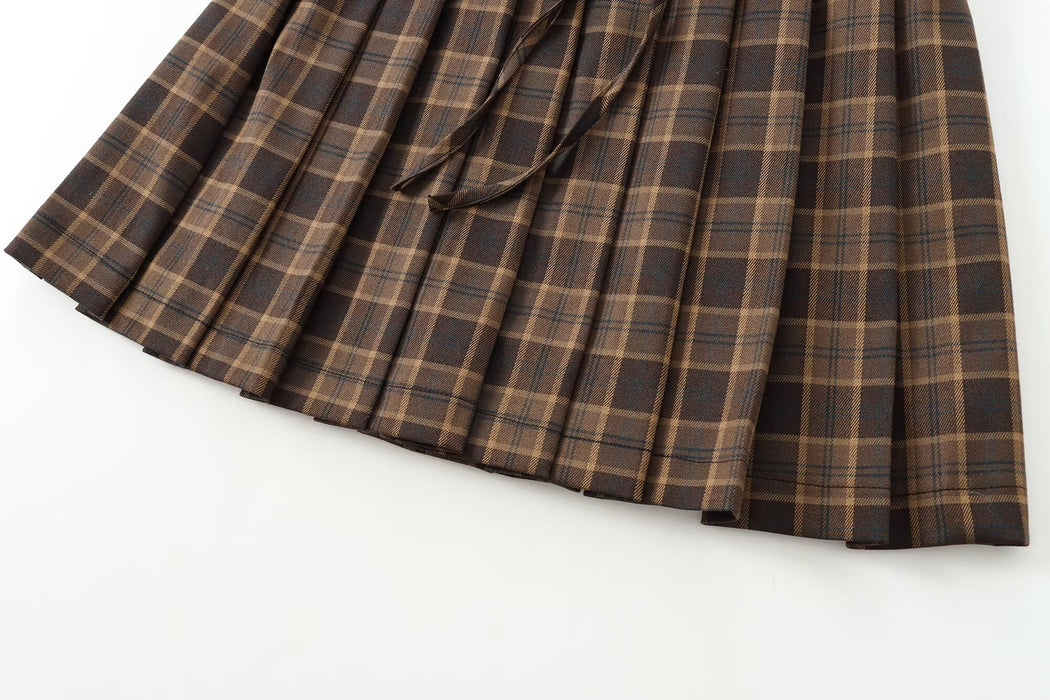 Women French All Match Plaid Wide Pleated Mini Skirt