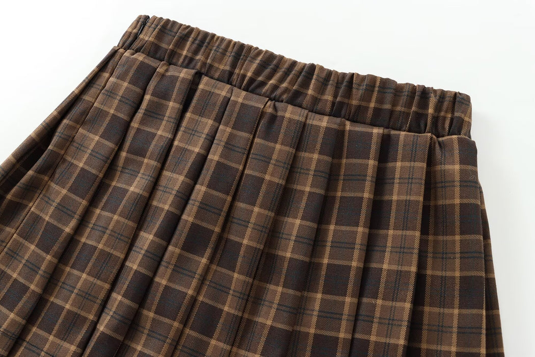 Women French All Match Plaid Wide Pleated Mini Skirt