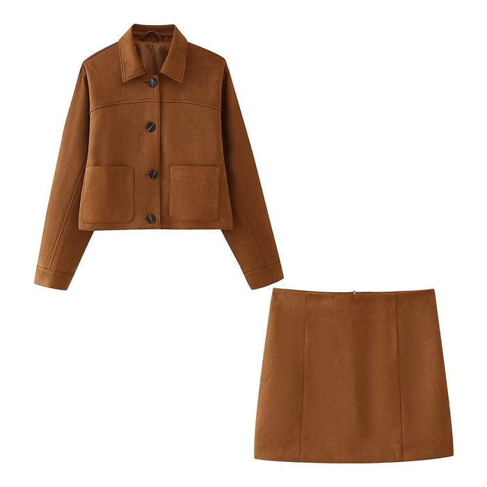 Fall Women Clothing Simple Suede Fabric Jacket Coat Skirt Set