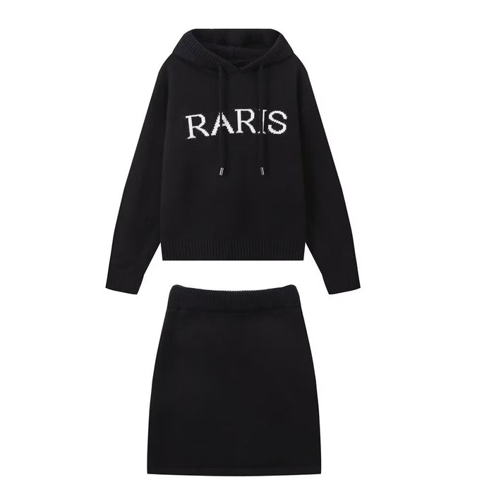 Fall Women Clothing Simple Hooded Letters Top Skirt Knitting Sets