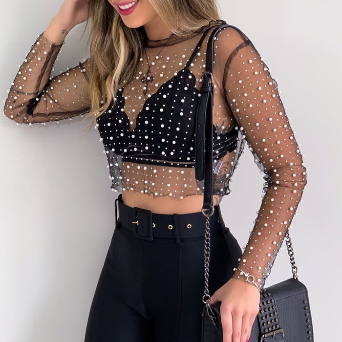 Popular Super Fairy Sexy See-through Lace Shirt Bright Diamond Beads Inner Wear Outer Wear Mesh Long-Sleeved Top for Women