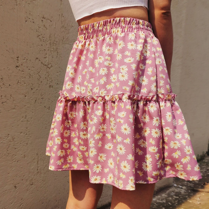 Ladies Floral Skirt Little Daisy Printed Pleated Skirt for Women