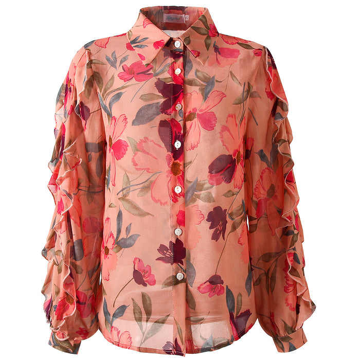 Women Clothing Summer Single-Breasted Printed Ruffle Sleeve Chiffon Shirt