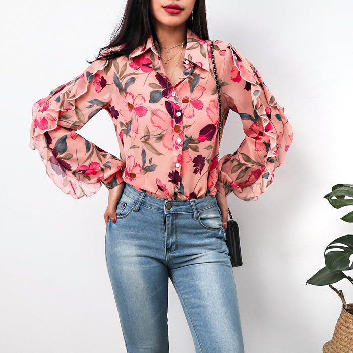 Women Clothing Summer Single-Breasted Printed Ruffle Sleeve Chiffon Shirt