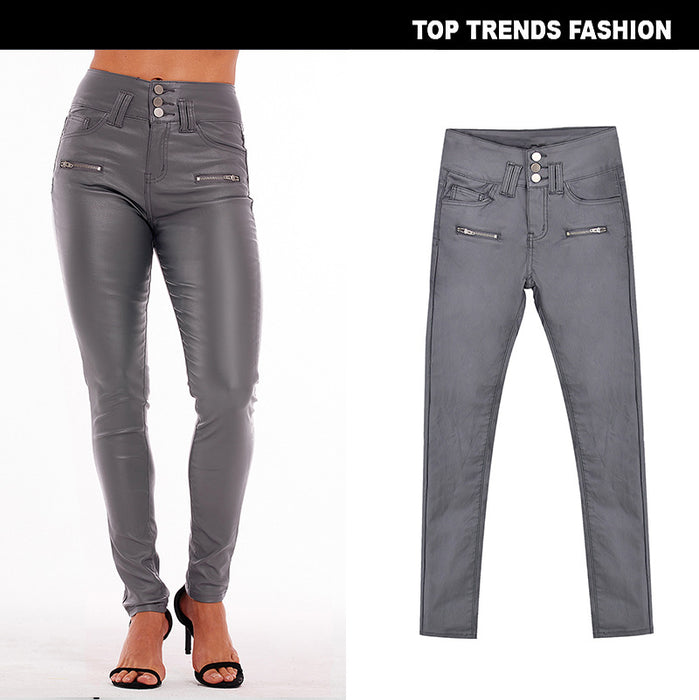 Women Clothing High Waist Stretch Coated Noble Gray Faux Leather Pants Denim Skinny Pants Faux Leather 3 Button