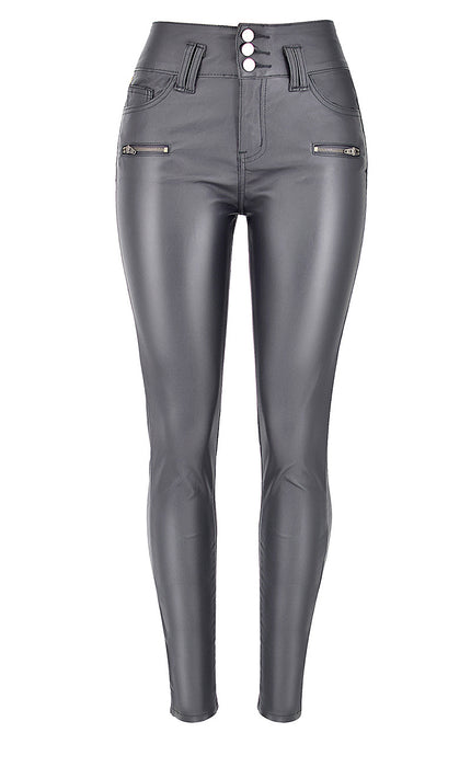 Women Clothing High Waist Stretch Coated Noble Gray Faux Leather Pants Denim Skinny Pants Faux Leather 3 Button