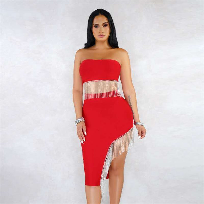 Women Suit Sexy Nightclub Zipper Tube Top Irregular Asymmetric Skirt Two Piece Set