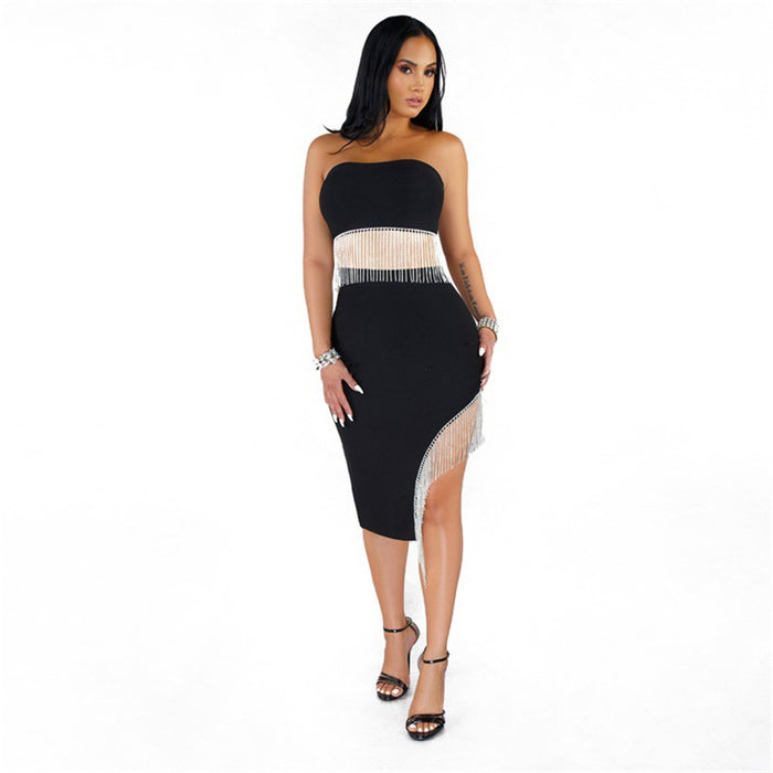 Women Suit Sexy Nightclub Zipper Tube Top Irregular Asymmetric Skirt Two Piece Set