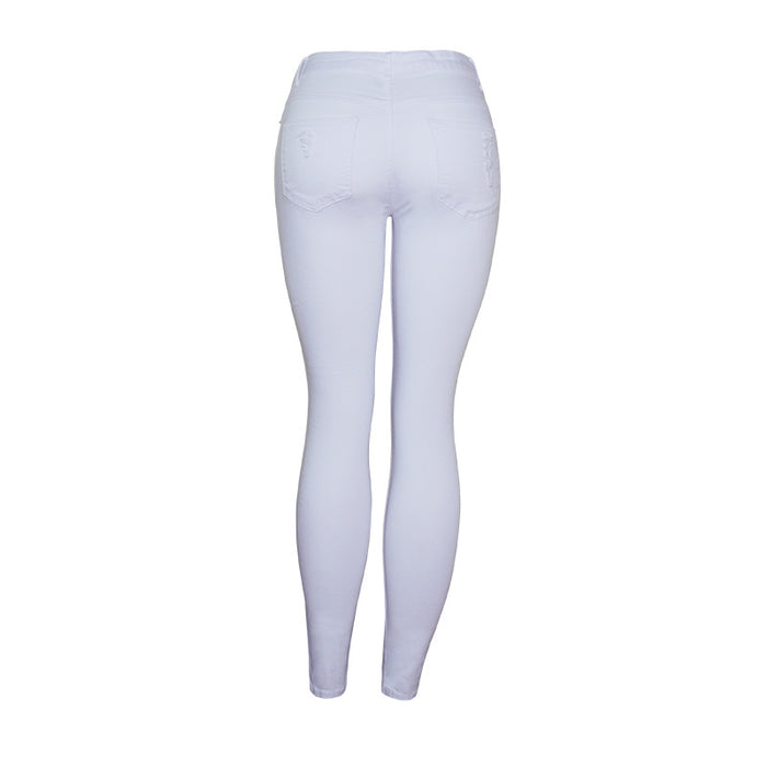 Women Clothing Popular Slim Fit Solid Color White Ripped Ankle-Tied Pants High Waist Slimming Women Pencil Pants