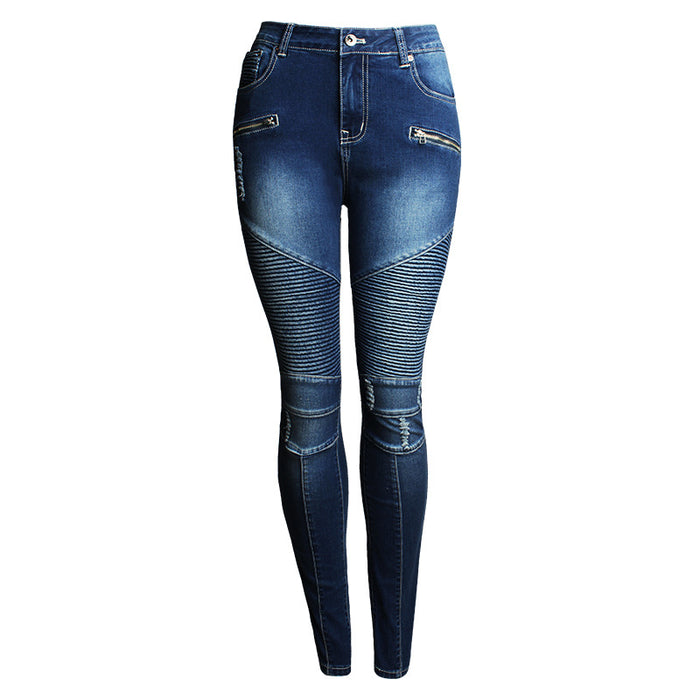 Women Clothing Ripped Slim Fit Stretch Slimming Mid Waist Women Denim Pencil Pants