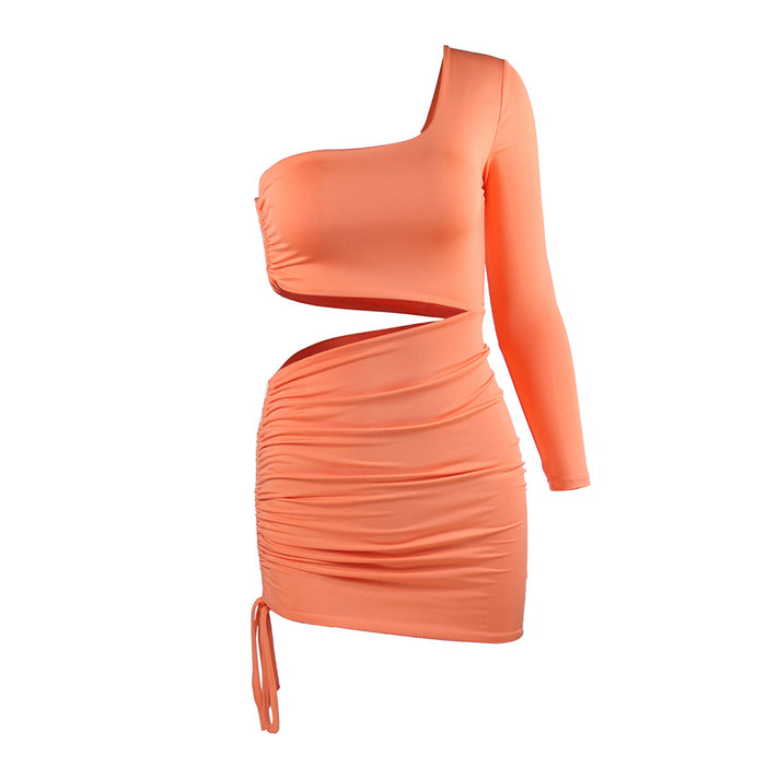 Women Clothing Sexy Hollow Out Cutout Strap Hip One Shoulder Long Sleeve Dress