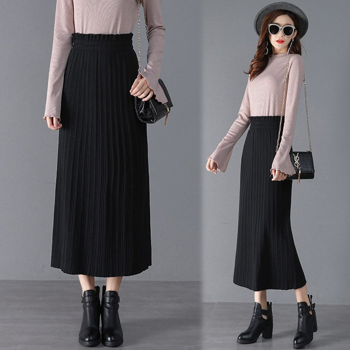 Knitted Skirt Mid-Length Autumn Winter Pleated Skirt High Waist Hip Skirt Straight Skirt Winter Skirt Women Skirt