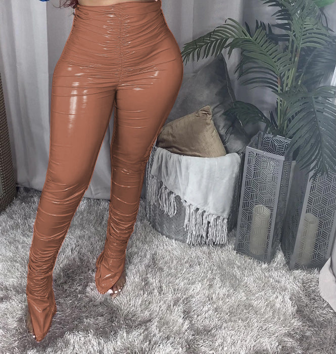 Women Casual Ruched Pile Pants Slit plus Velvet Light Faux Leather Casual Pants