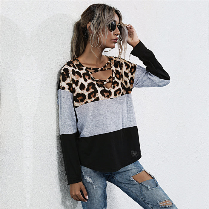 Spring Casual Loose Printed Leopard Splicing Long Sleeve Women T shirt Top