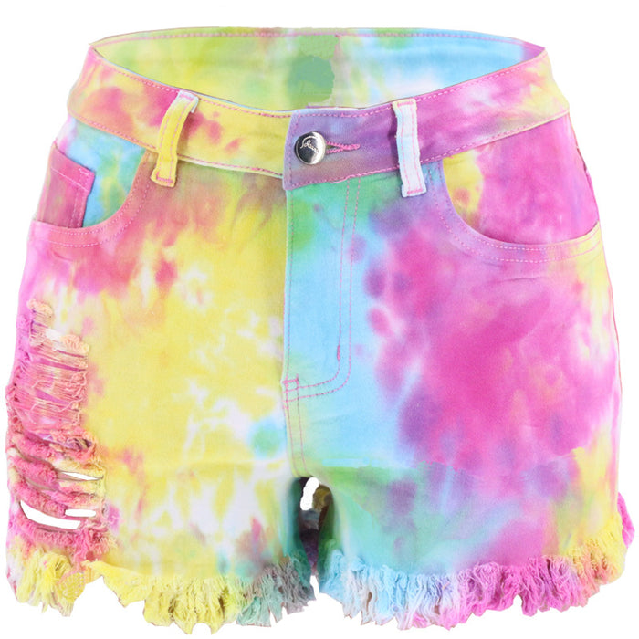 Spring Summer Tie-Dyed Tassel Foot Mouth Loose Hole Women Denim Shorts