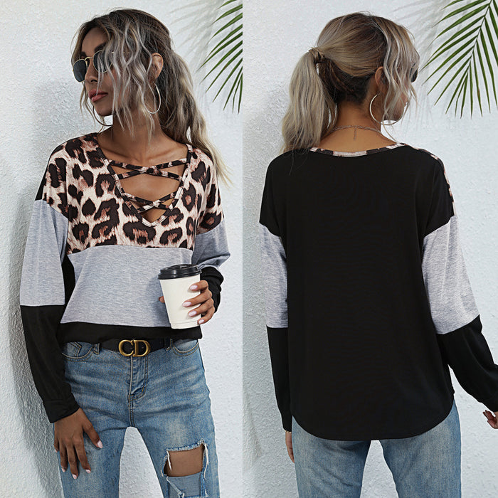 Spring Casual Loose Printed Leopard Splicing Long Sleeve Women T shirt Top