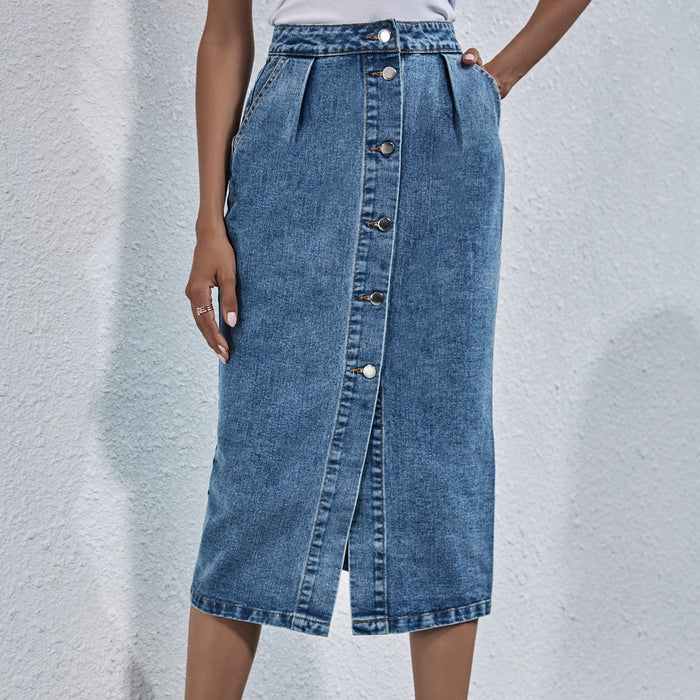 Women Clothing High Waist Single Breasted Denim Skirt Autumn Winter