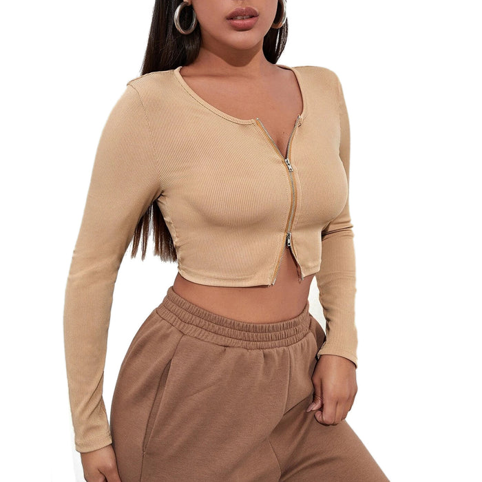 Sexy Top Women Sweater Thin Retro Lapels Double Zipper Long Sleeve High Waist Sweater Short Cardigan