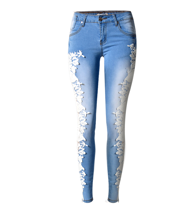 Women Clothing Side Lace Hollow Out Cutout Denim Trousers Skinny Pants Narrow Feet Pants