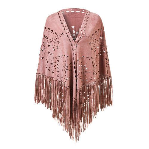 Autumn Winter Warm Shawl Personalized Suede Cloak Robe Hollow Out Cutout Tassel Scarf Women Gift High Sense