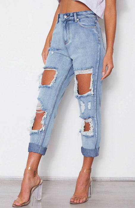 Women Clothing High Waist Loose Washed-out Denim Irregular Asymmetric Ripped Trousers