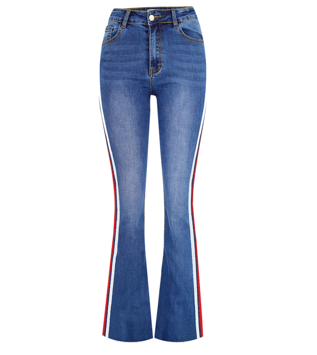 Women High Waist Denim Bell Bottom Pants Wide Leg Jeans Stitching Two Color Ribbon Skinny Jeans