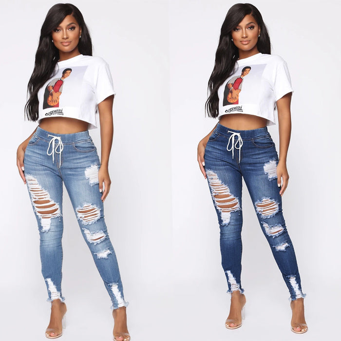 elastic Ripped Skinny Hip Raise Jeans for Women