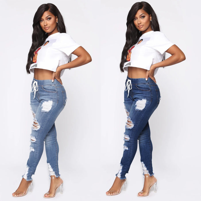 elastic Ripped Skinny Hip Raise Jeans for Women