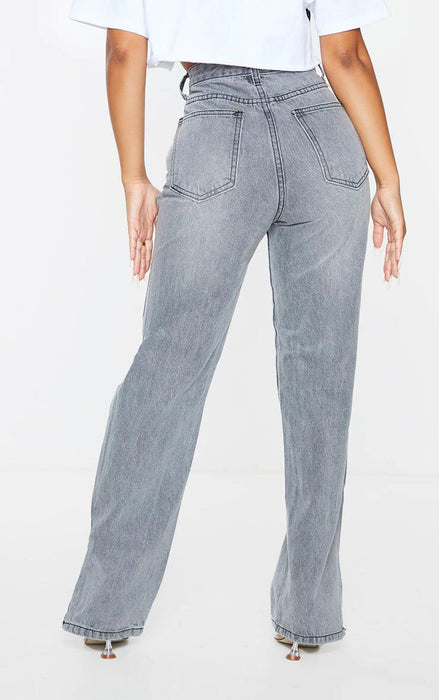 Women Clothing High Waist Sand Gray Straight-Leg Denim Trousers Mop Pants Ripped Hem Slit Smooth Micro-Flared Pants