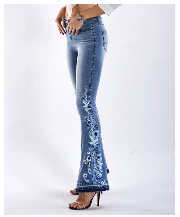 Women Denim Bell-Bottom Pants 3D Machine Embroidery Denim Women Autumn Denim Wide Leg Trousers Plus size