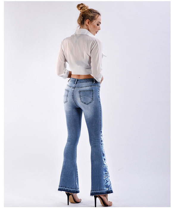 Women Denim Bell-Bottom Pants 3D Machine Embroidery Denim Women Autumn Denim Wide Leg Trousers Plus size