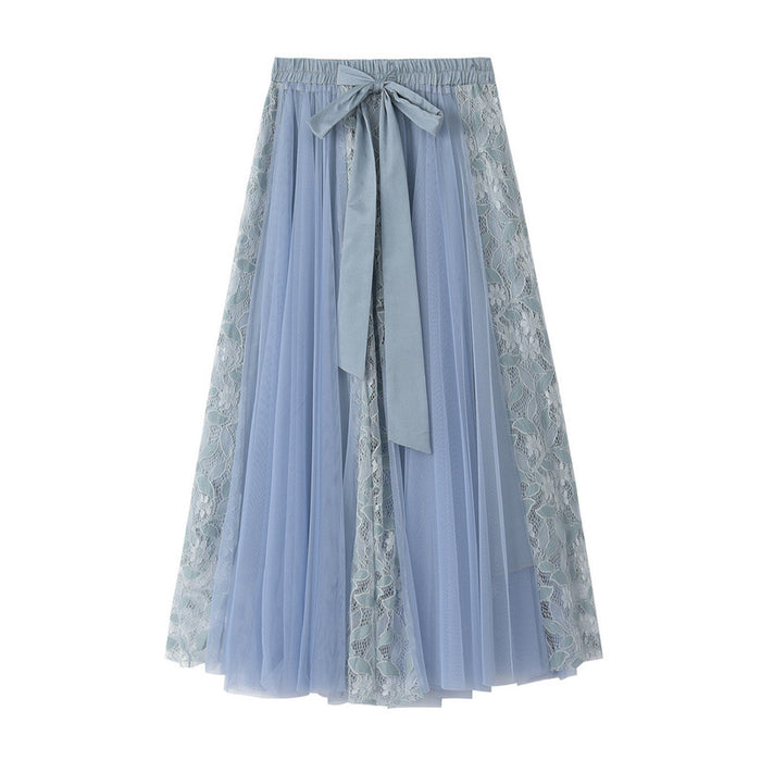 Spring All Match Bow Tied High Waist Lace Embroidery Patchwork Tulle Skirt