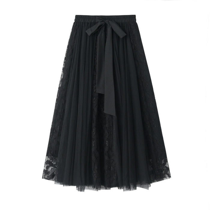 Spring All Match Bow Tied High Waist Lace Embroidery Patchwork Tulle Skirt