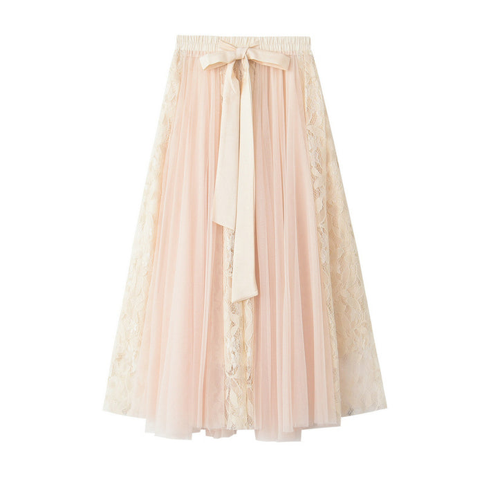 Spring All Match Bow Tied High Waist Lace Embroidery Patchwork Tulle Skirt