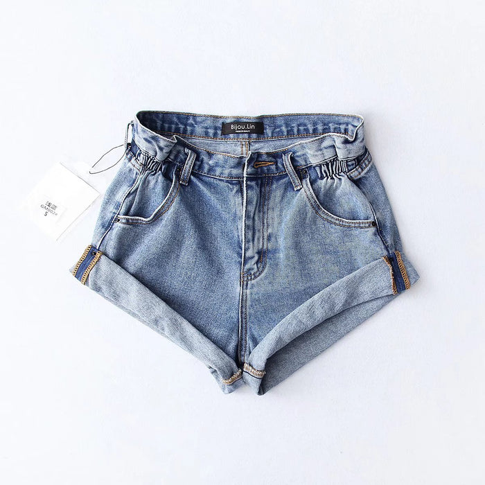 Summer Denim Shorts Elastic Waist Curling Denim Pants Casual Daily Shorts