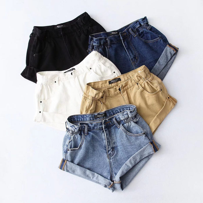 Summer Denim Shorts Elastic Waist Curling Denim Pants Casual Daily Shorts