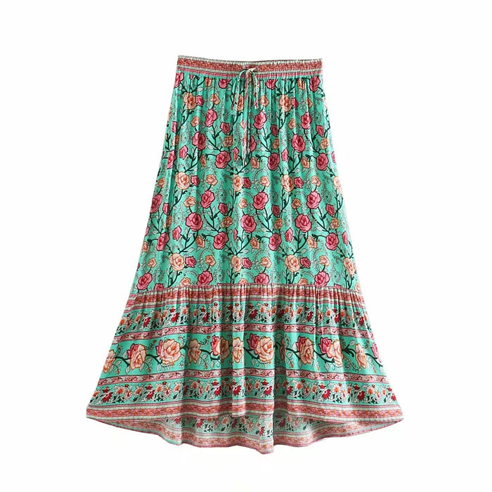 Fall Women Clothing All-Matching Slimming Rose Positioning Printing Elastic Waist Skirt Bohemian