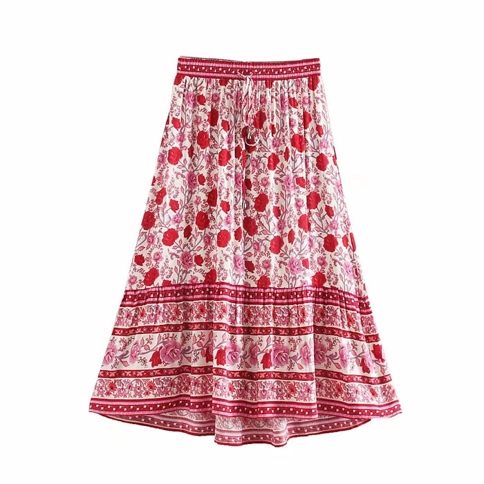 Fall Women Clothing All-Matching Slimming Rose Positioning Printing Elastic Waist Skirt Bohemian